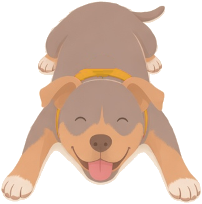 Illustration of Harper, a happy brown and tan dog lying down and grinning up at you